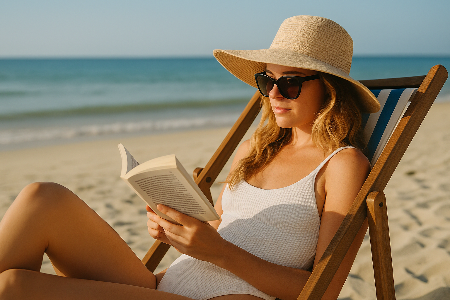 Woman on beach reading under the sun